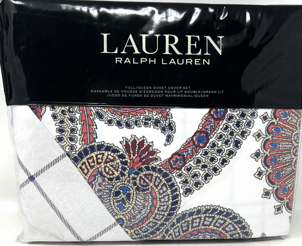Ralph Lauren Carter Paisley Full Queen Duvet Cover Set Navy Sateen Reversible